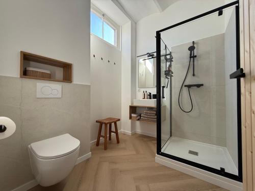 a bathroom with a toilet and a glass shower at B&B Sjaanderhof in Maastricht