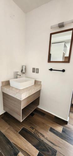 a bathroom with a white sink and a mirror at Hotel Angeles in Ciudad Serdán
