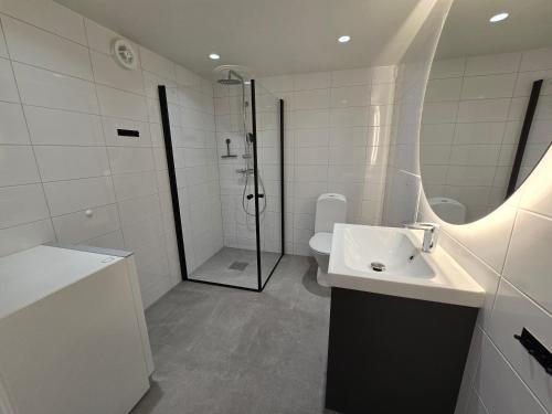 a bathroom with a shower and a sink and a toilet at Trellebystrands Camping in Lysekil