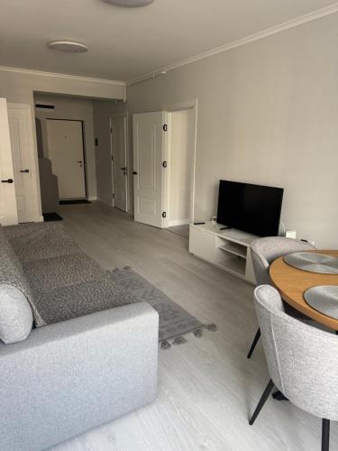 a living room with a couch and a table and a tv at Modern Apartment Constanța in Constanţa