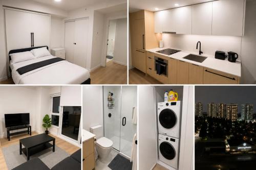 three pictures of a room with a bed and a kitchen at Modern suite in Surrey