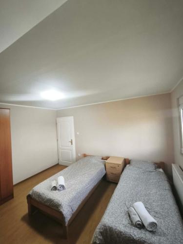 two beds in a small room withthritisthritisthritisthritisthritisthritisbestosbestosbestos at Peščani breg in Banatski Karlovac