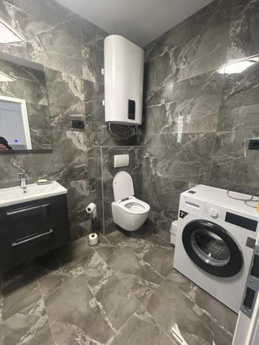 a bathroom with a toilet and a sink and a washing machine at Villa Maria III in Vodice