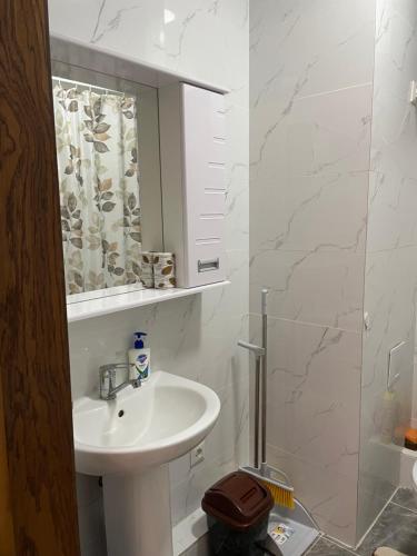 a bathroom with a sink and a mirror and a shower at Novel apartment in Korumdy