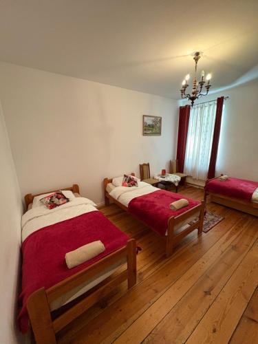 a bedroom with two beds and a chandelier at Agroturystyka Hotel Noclegi Pałac Camping in Wałcz