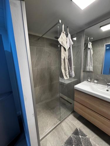 a bathroom with a shower and a sink at Puffin rock in Vestmannaeyjar