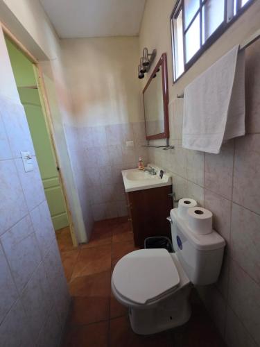 a bathroom with a toilet and a sink and a mirror at Hotel Casona Macondo, Granada, Nicaragua in Granada