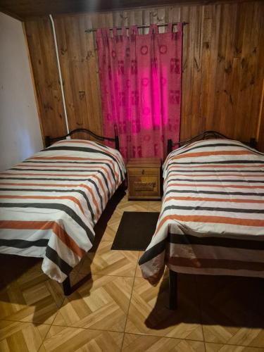 zwei Betten in einem Zimmer mit einem rosa Vorhang in der Unterkunft Camping Las Torcacitas in Yerbas Buenas