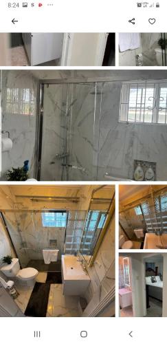 a collage of three pictures of a bathroom at Kami's serenity suit in Port Maria