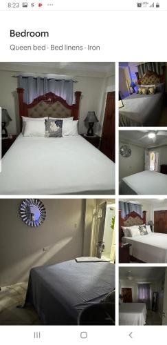 a collage of four pictures of a bed in a room at Kami's serenity suit in Port Maria