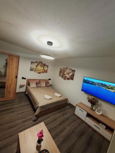 a living room with a bed and a flat screen tv at Apartman Studio Nicky in Mlini