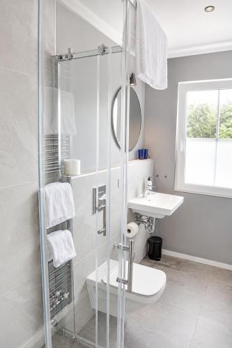 a bathroom with a shower and a toilet and a sink at Hotel Kornblume in Haundorf