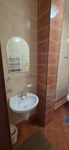 a bathroom with a sink and a mirror and a toilet at Kapitan Hook in Mielno