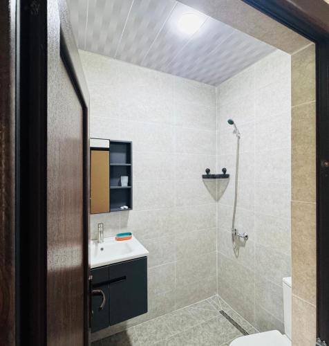 a bathroom with a shower and a toilet and a sink at Due apartments in Borjomi