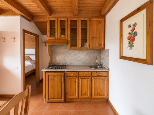 a kitchen with wooden cabinets and a sink at Residence Borgo Al Sole in Sappada