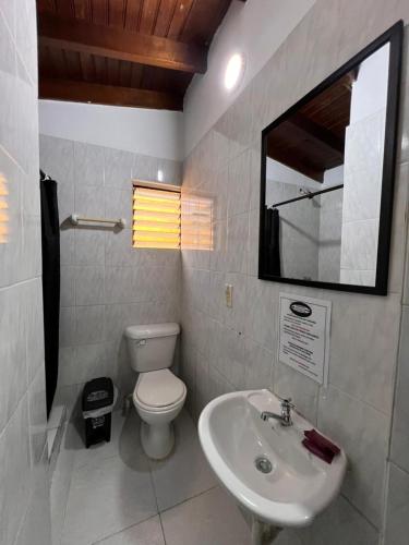 a bathroom with a sink and a toilet and a mirror at Hotel San Juan 70 Express Medellin in Medellín
