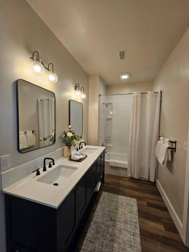 a bathroom with a large sink and a shower at Nest in the City in Fort Mill