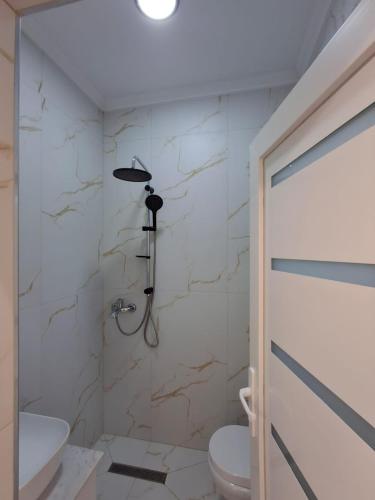 a bathroom with a shower and a toilet at Hotel Bar Restorant RRAHIMI in Shënmëri