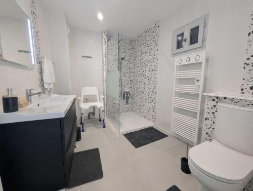a bathroom with a toilet and a shower and a sink at Gîte le saint goth in Bricon