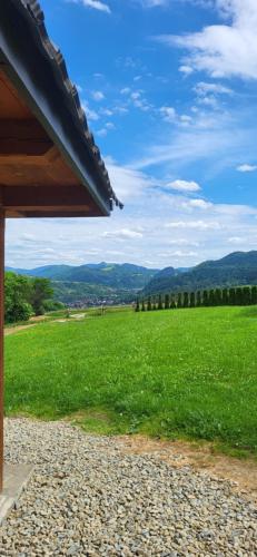 a view of a field of green grass with a roof at Chatki Niwki u Zbója in Krościenko
