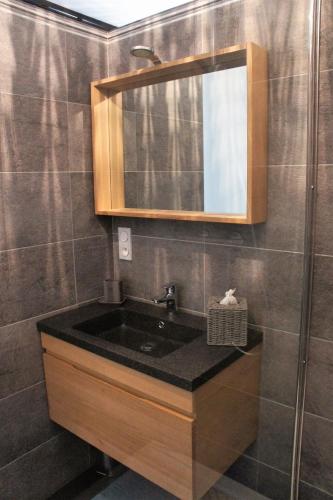 une salle de bain avec un lavabo et un miroir dans l'établissement Au Saint Martin, à Cholet