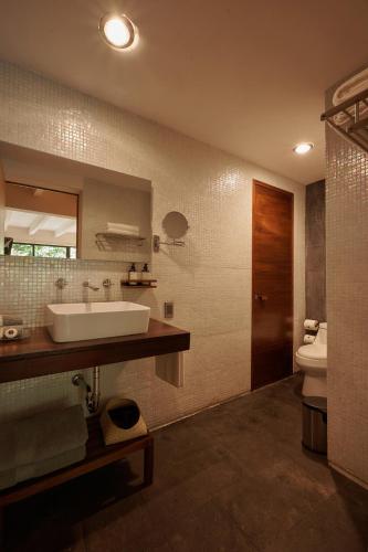 a bathroom with a sink and a toilet and a mirror at Nardazul "Casa de Sueños" in Oaxaca City