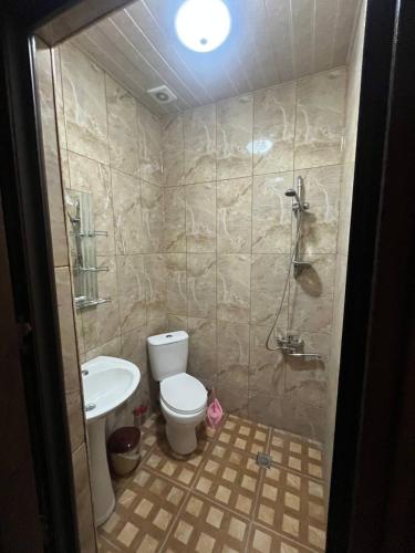 a bathroom with a shower and a toilet and a sink at Nelly Hotel in Batumi