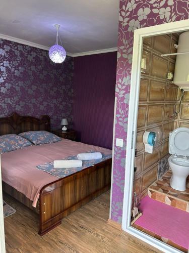a bedroom with a bed and a toilet and a mirror at LeriMari in Mestia