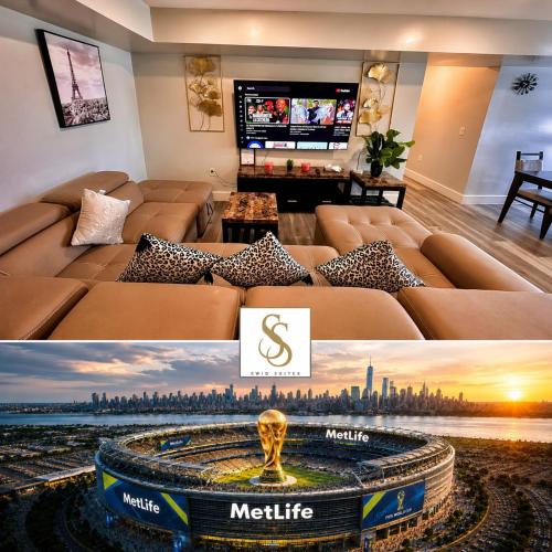 a living room with a couch and a tv at The Classy Suite - 2BR with Free Parking in Paterson