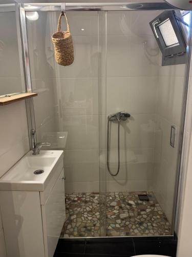 a shower with a glass door next to a sink at Tiny Diamond in Plomari