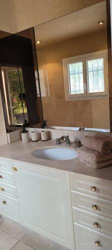 a bathroom with a sink and a large mirror at Le murmure des pins in Villemoustaussou