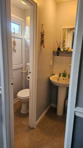 a bathroom with a toilet and a sink at Netty's Retreat in Hemsby