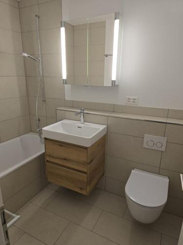 a bathroom with a sink and a toilet and a mirror at Bella Val (206 Se) in Lenzerheide