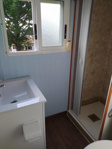 a bathroom with a sink and a window and a shower at Bungalow in Laredo