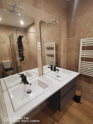 a bathroom with a white sink and a mirror at Gîte LM in Bourbonne-les-Bains
