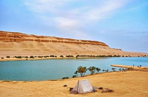 a tent in the desert next to a body of water at Safarova Tours in Fayoum