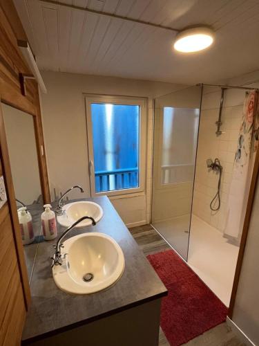 a bathroom with two sinks and a shower at Le Gîte Chez Mémé in Lavelanet