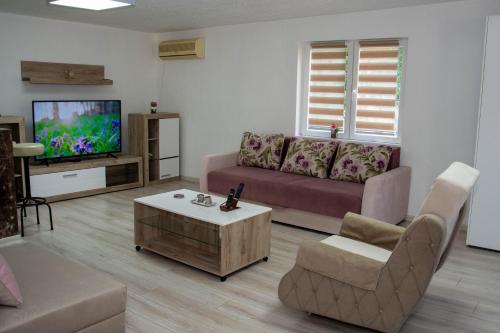 a living room with a couch and a tv at Zeleni dom in Brestovac