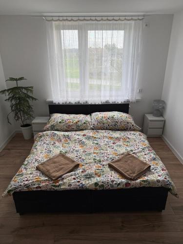 a bedroom with a bed with two pillows on it at Agroturystka Nowotny in Zawada Książęca
