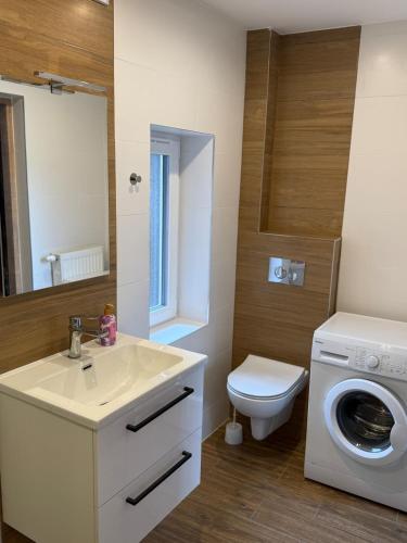 a bathroom with a sink and a washing machine at Agroturystka Nowotny in Zawada Książęca
