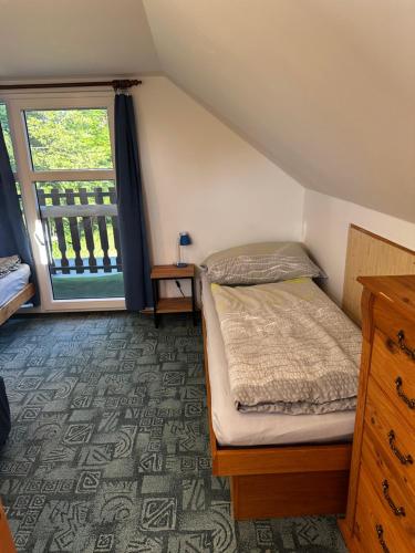 a bedroom with a bed and a large window at Chata na Špince in Červený Kostelec