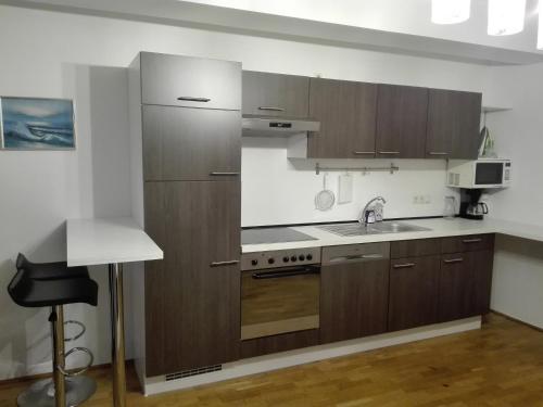 ウィーンにある1,5 Zimmer-Apartment oder elegantes Home-officeのキッチン(木製キャビネット、シンク付)
