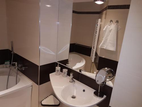 y baño con lavabo y espejo. en Siesta Rodinný Resort en Pardubice