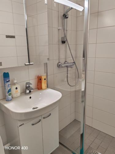 a bathroom with a sink and a shower at Light Home in Sodankylä