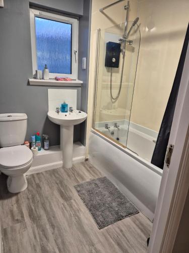 a bathroom with a toilet and a shower and a sink at Bellfield Views in Dundee