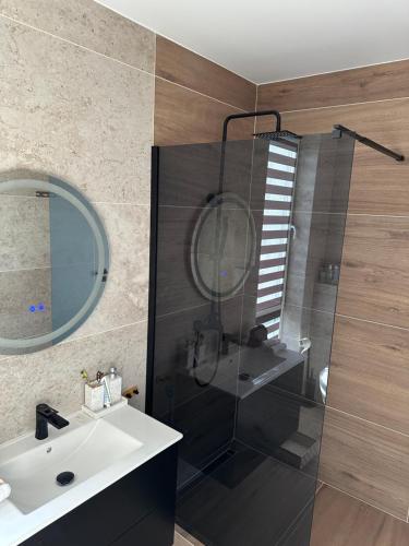 a bathroom with a glass shower and a sink at Paradise Relax in Zalău