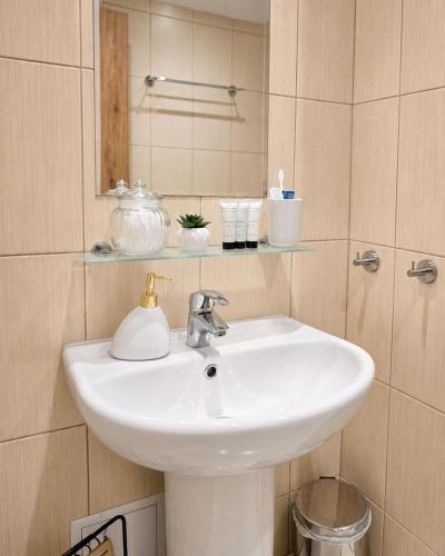 a bathroom with a white sink and a mirror at Vila Harmónia in Turčianske Teplice