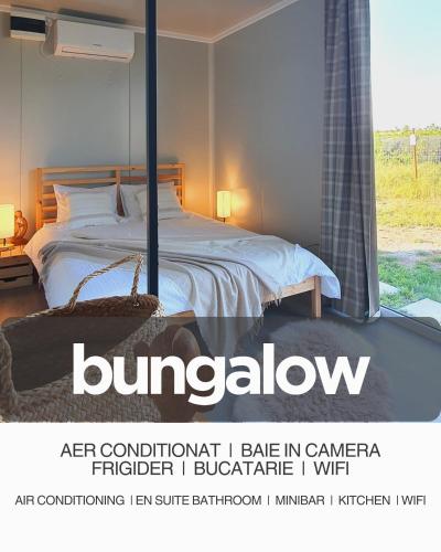 a poster for a bedroom with a bed and a window at Free People Bungalow & Cort in Vama Veche