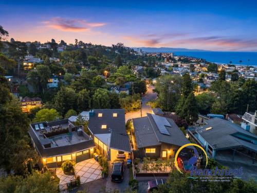 an aerial view of a house with a city at Coastal Treehouse in Aptos