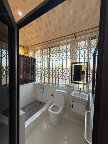a bathroom with a toilet and a sink and a tv at Nyaniba Villa in Accra